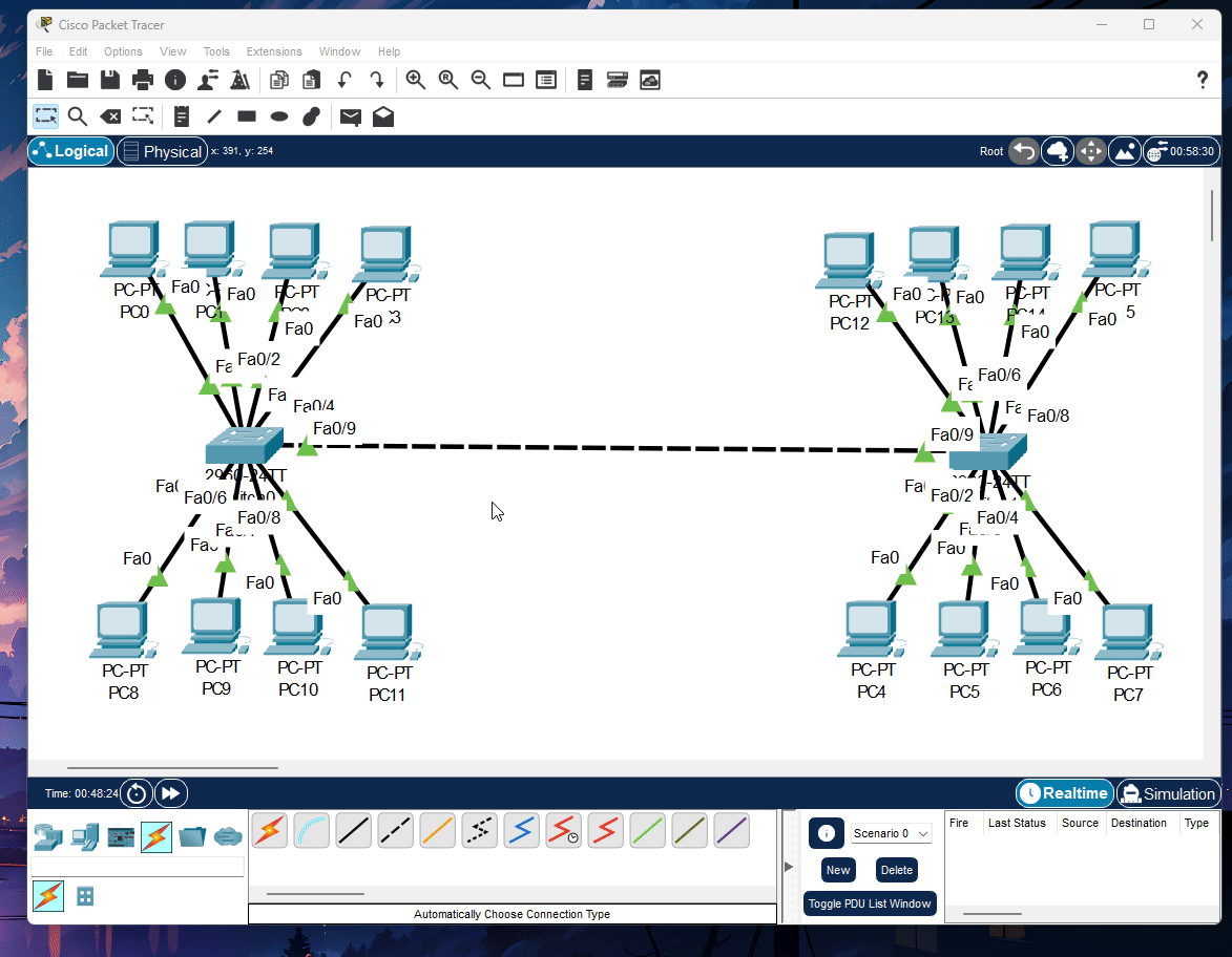 Setting Access Port VLAN 20 (design) PC8-11 pada Switch0